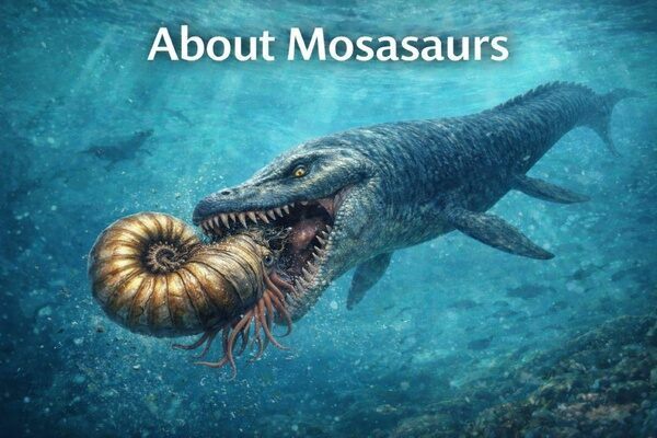 Artists reconstruction of a Mosasaur eating an ammonite.